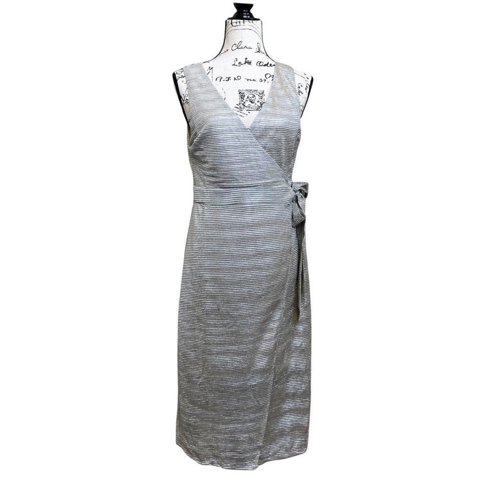 Line + Dot/ Anthropologie Semi Sheer Silver Metallic Midi Wrap Dress Size M